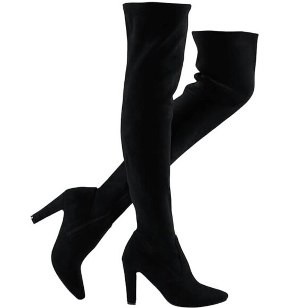 Shoe'N Tale Womens Size 39 Suede Pointed Chunky Heels Thigh High Boots Black NWT